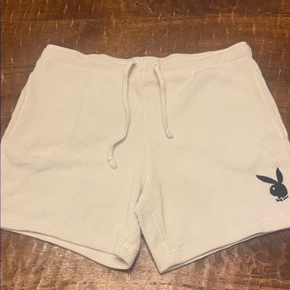 PLAYBOY Cream Waffle-Knit Lounge Shorts with Black Bunny